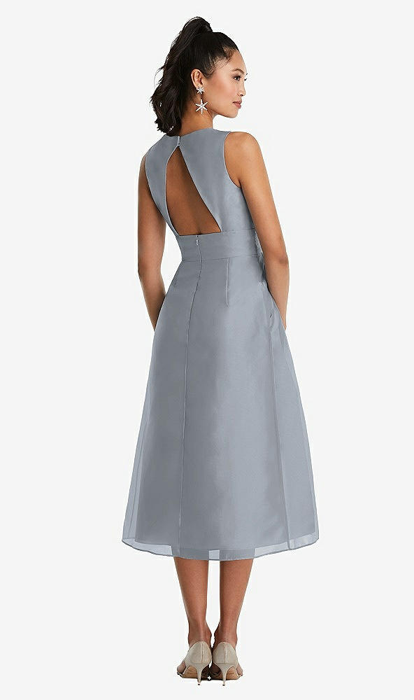 Back View - Platinum Bateau Neck Open-Back Pleated Skirt Midi Dress
