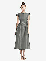 Front View Thumbnail - Charcoal Gray Cap Sleeve Pleated Skirt Midi Dress with Bowed Waist