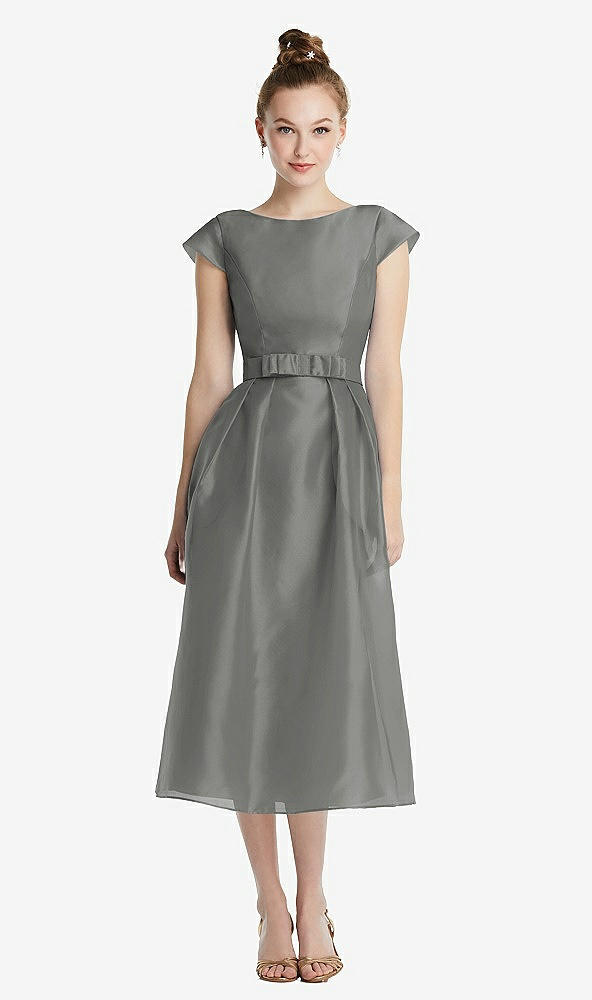 Front View - Charcoal Gray Cap Sleeve Pleated Skirt Midi Dress with Bowed Waist