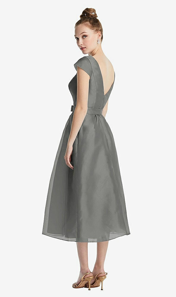 Back View - Charcoal Gray Cap Sleeve Pleated Skirt Midi Dress with Bowed Waist