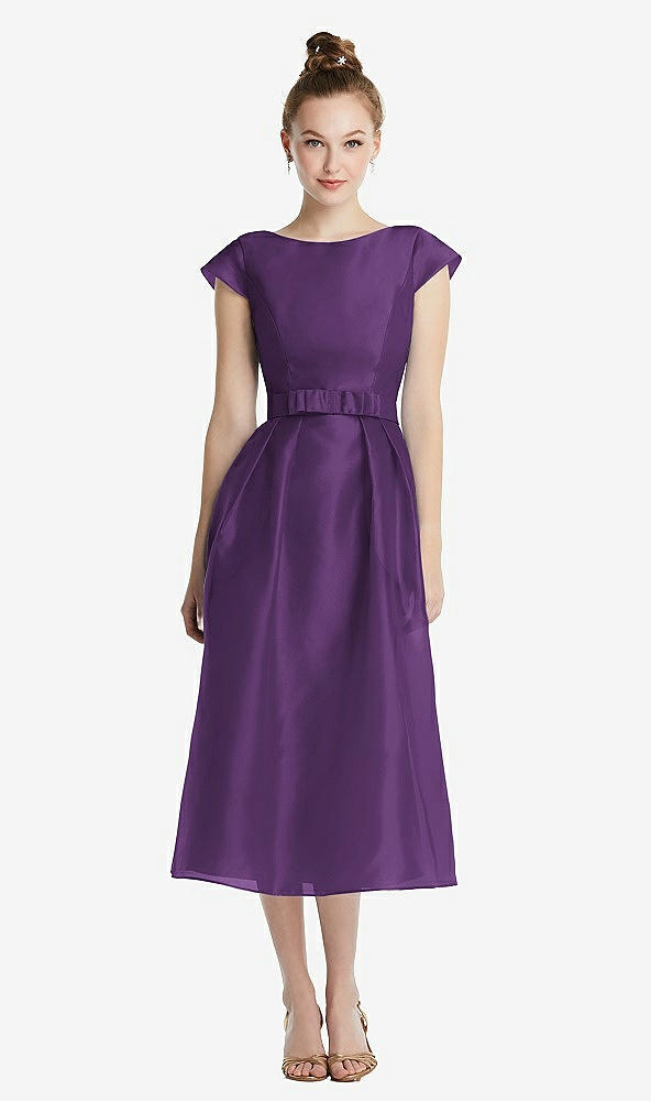 Front View - Majestic Cap Sleeve Pleated Skirt Midi Dress with Bowed Waist
