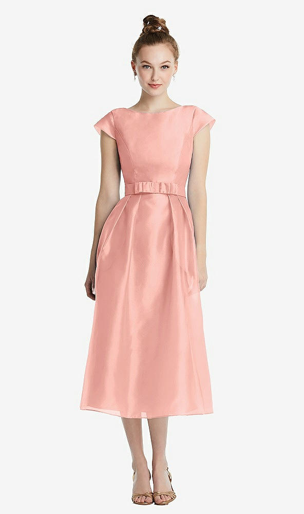 Front View - Apricot Cap Sleeve Pleated Skirt Midi Dress with Bowed Waist
