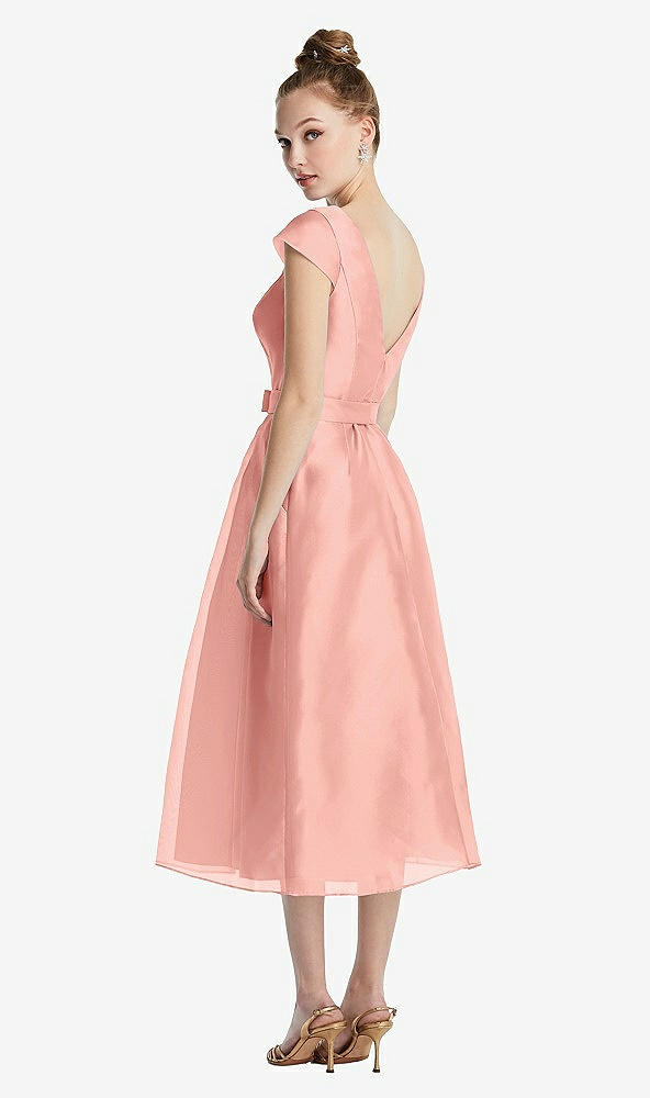 Back View - Apricot Cap Sleeve Pleated Skirt Midi Dress with Bowed Waist