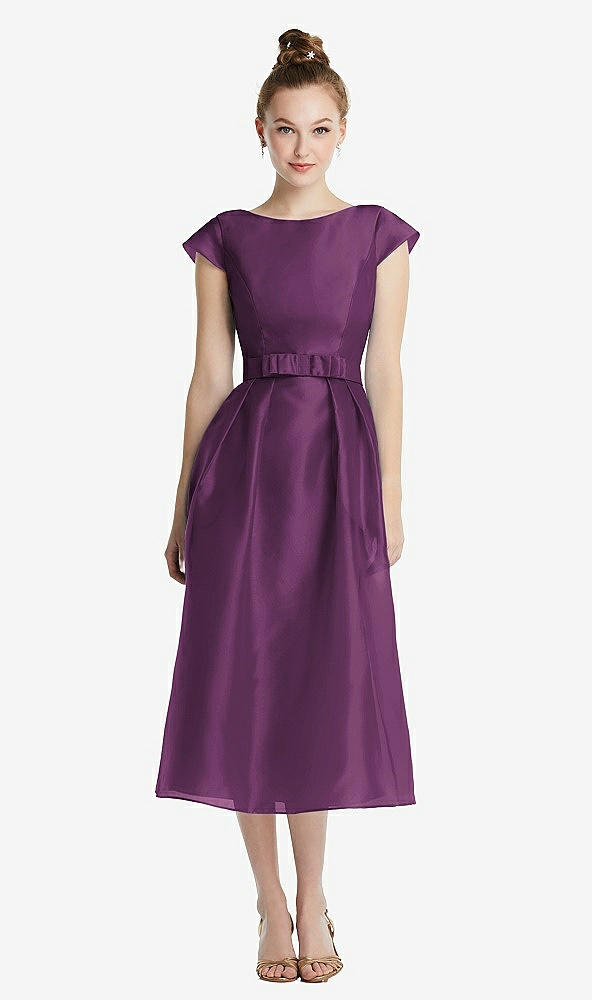 Front View - Aubergine Cap Sleeve Pleated Skirt Midi Dress with Bowed Waist