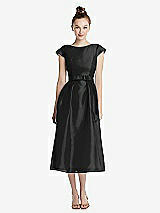 Front View Thumbnail - Black Cap Sleeve Pleated Skirt Midi Dress with Bowed Waist