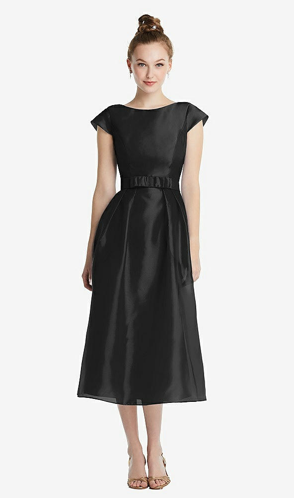 Front View - Black Cap Sleeve Pleated Skirt Midi Dress with Bowed Waist