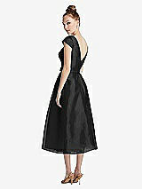 Rear View Thumbnail - Black Cap Sleeve Pleated Skirt Midi Dress with Bowed Waist