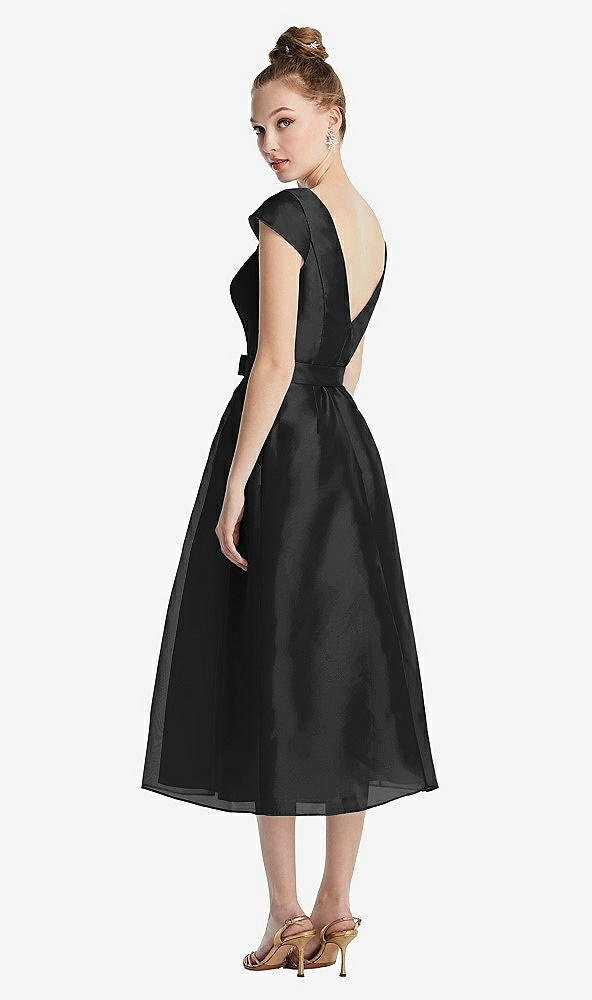 Back View - Black Cap Sleeve Pleated Skirt Midi Dress with Bowed Waist