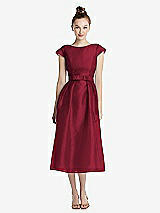 Front View Thumbnail - Burgundy Cap Sleeve Pleated Skirt Midi Dress with Bowed Waist