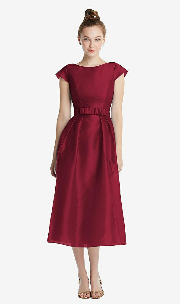 Front View - Burgundy Cap Sleeve Pleated Skirt Midi Dress with Bowed Waist