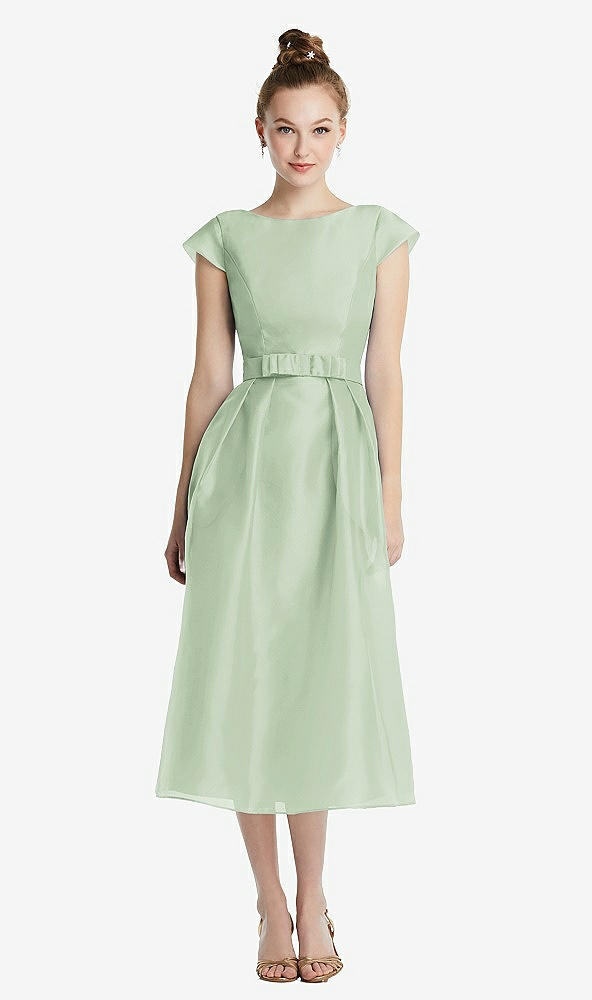 Front View - Celadon Cap Sleeve Pleated Skirt Midi Dress with Bowed Waist
