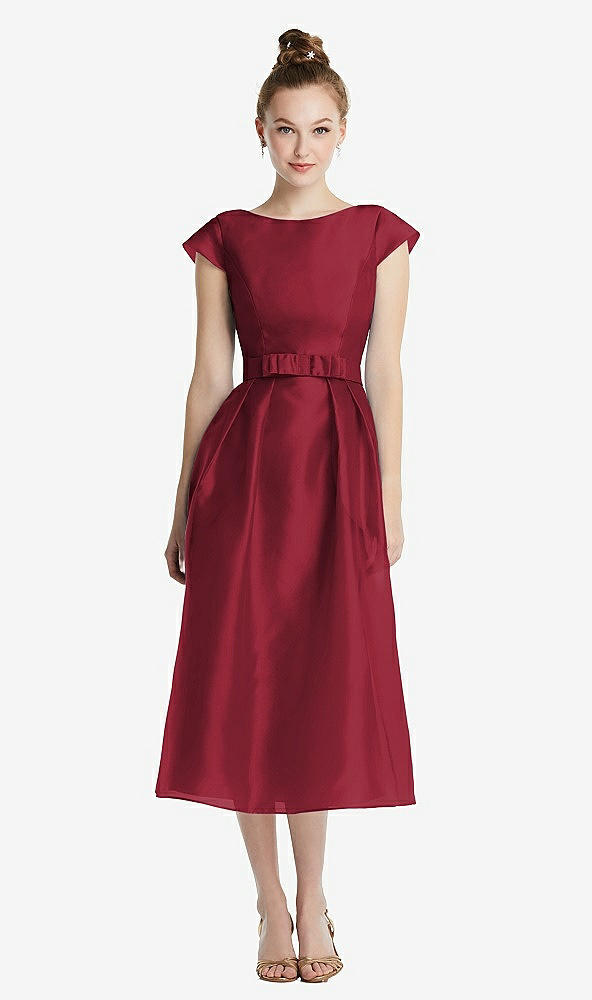Front View - Claret Cap Sleeve Pleated Skirt Midi Dress with Bowed Waist