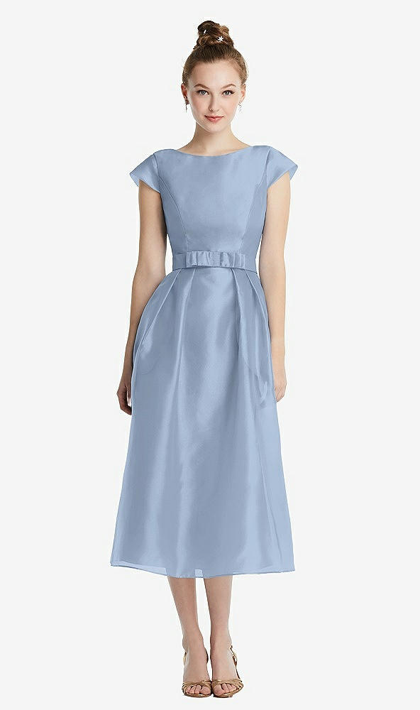 Front View - Cloudy Cap Sleeve Pleated Skirt Midi Dress with Bowed Waist
