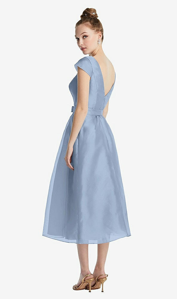 Back View - Cloudy Cap Sleeve Pleated Skirt Midi Dress with Bowed Waist