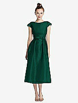 Front View Thumbnail - Hunter Green Cap Sleeve Pleated Skirt Midi Dress with Bowed Waist