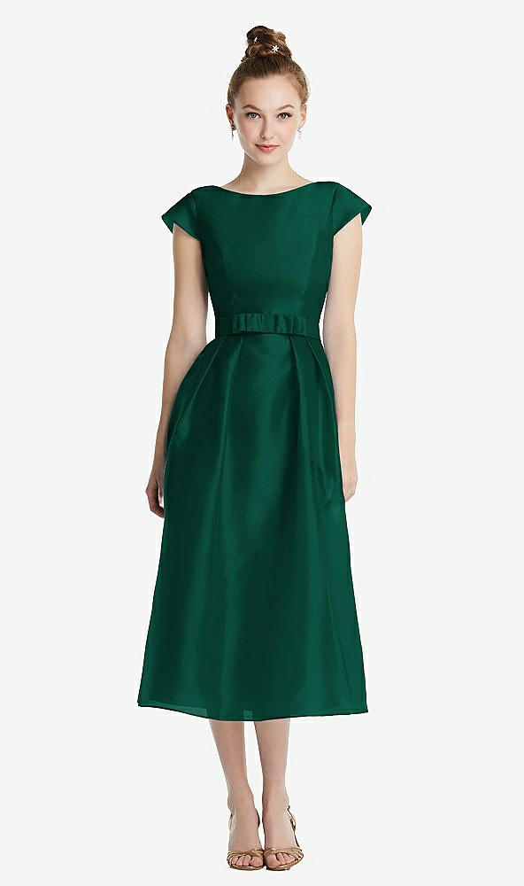 Front View - Hunter Green Cap Sleeve Pleated Skirt Midi Dress with Bowed Waist