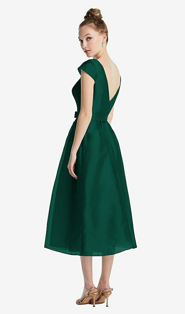 Back View - Hunter Green Cap Sleeve Pleated Skirt Midi Dress with Bowed Waist