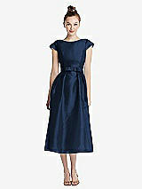 Front View Thumbnail - Midnight Navy Cap Sleeve Pleated Skirt Midi Dress with Bowed Waist