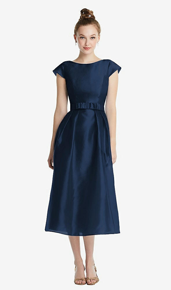 Front View - Midnight Navy Cap Sleeve Pleated Skirt Midi Dress with Bowed Waist