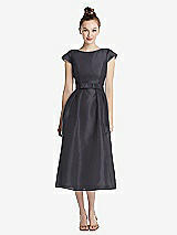 Front View Thumbnail - Onyx Cap Sleeve Pleated Skirt Midi Dress with Bowed Waist