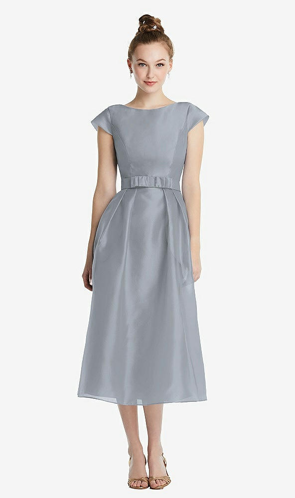 Front View - Platinum Cap Sleeve Pleated Skirt Midi Dress with Bowed Waist