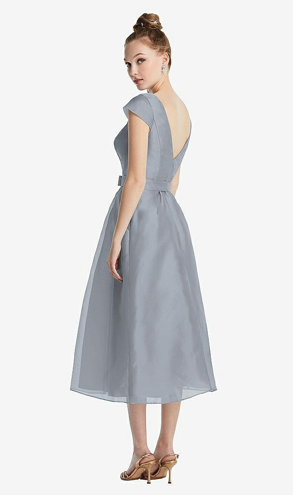Back View - Platinum Cap Sleeve Pleated Skirt Midi Dress with Bowed Waist