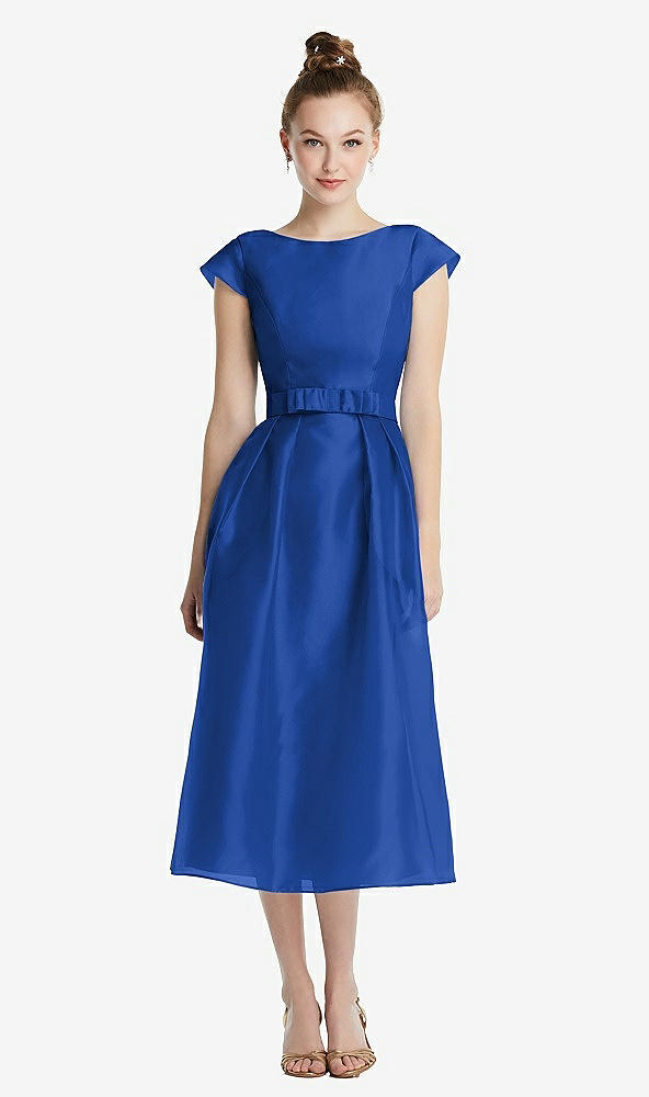 Front View - Sapphire Cap Sleeve Pleated Skirt Midi Dress with Bowed Waist