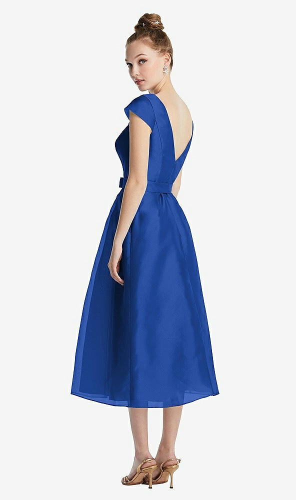 Back View - Sapphire Cap Sleeve Pleated Skirt Midi Dress with Bowed Waist