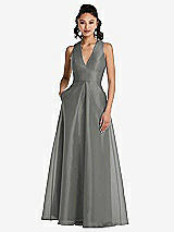 Front View Thumbnail - Charcoal Gray Plunging Neckline Pleated Skirt Maxi Dress with Pockets