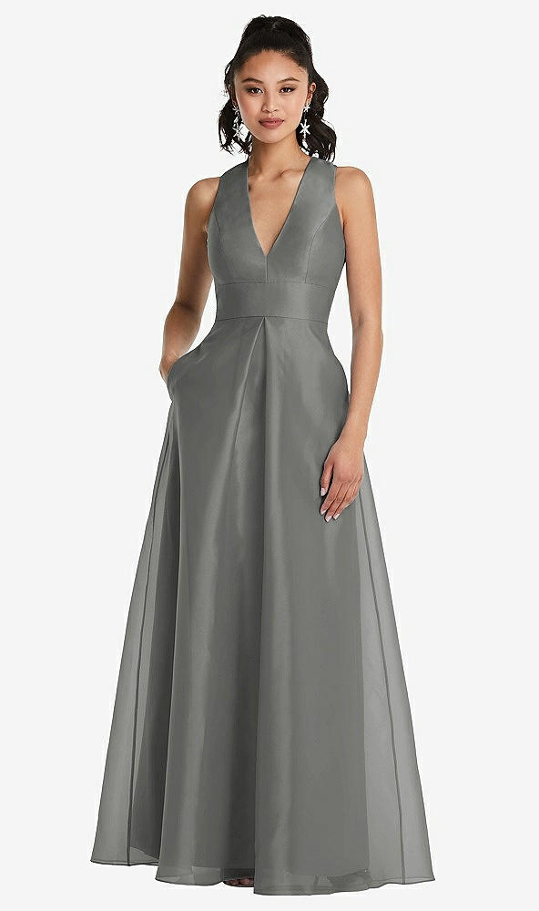 Front View - Charcoal Gray Plunging Neckline Pleated Skirt Maxi Dress with Pockets