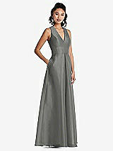 Side View Thumbnail - Charcoal Gray Plunging Neckline Pleated Skirt Maxi Dress with Pockets