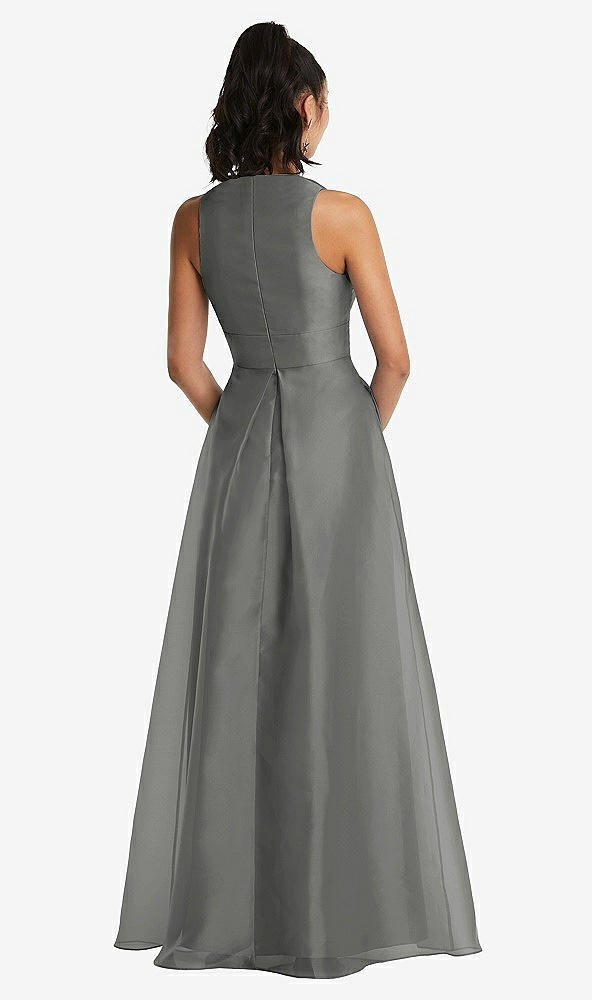 Back View - Charcoal Gray Plunging Neckline Pleated Skirt Maxi Dress with Pockets