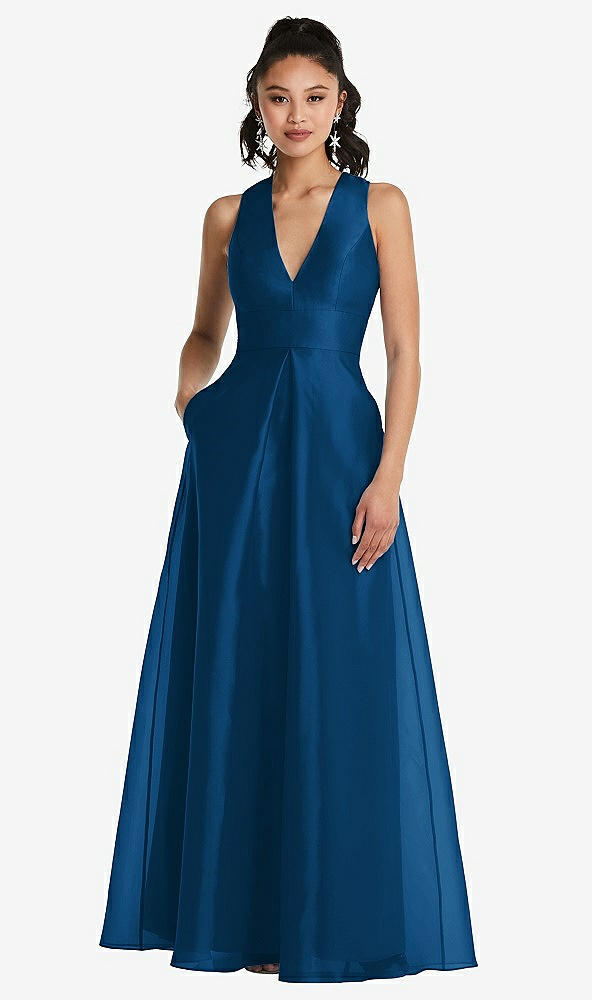 Front View - Comet Plunging Neckline Pleated Skirt Maxi Dress with Pockets