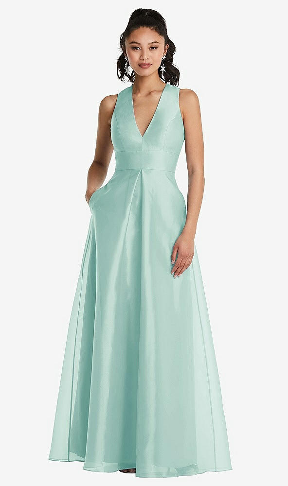 Front View - Coastal Plunging Neckline Pleated Skirt Maxi Dress with Pockets