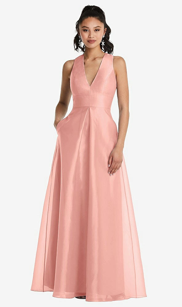 Front View - Apricot Plunging Neckline Pleated Skirt Maxi Dress with Pockets