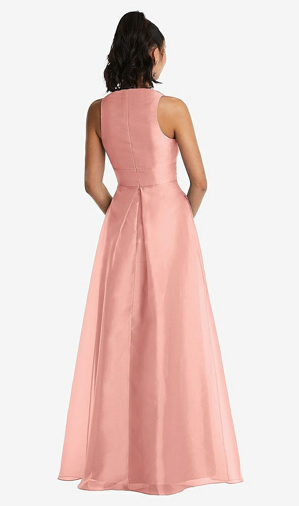 Back View - Apricot Plunging Neckline Pleated Skirt Maxi Dress with Pockets