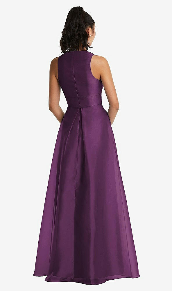 Back View - Aubergine Plunging Neckline Pleated Skirt Maxi Dress with Pockets