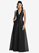 Front View Thumbnail - Black Plunging Neckline Pleated Skirt Maxi Dress with Pockets