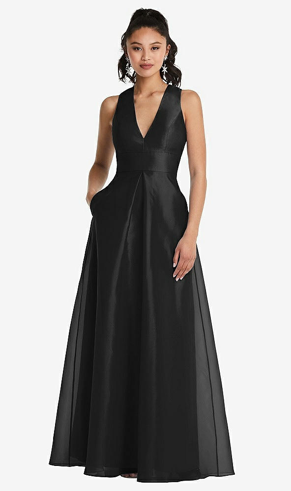 Front View - Black Plunging Neckline Pleated Skirt Maxi Dress with Pockets