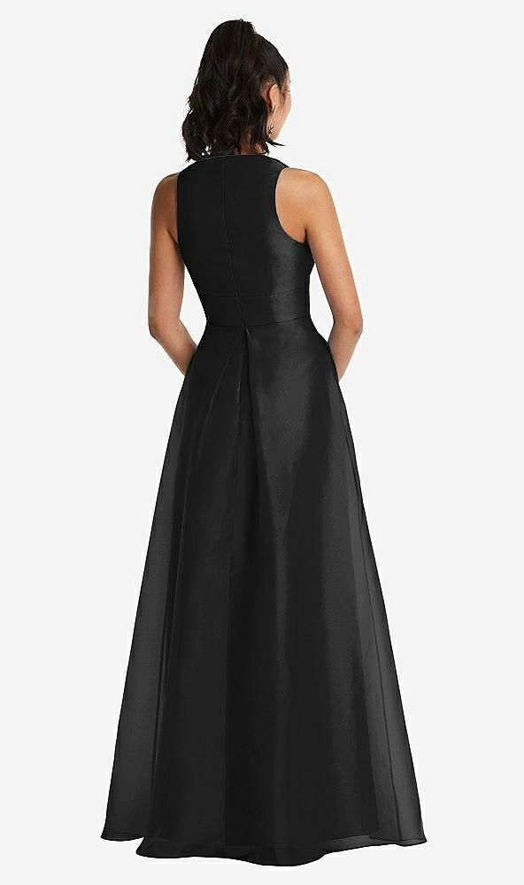 Back View - Black Plunging Neckline Pleated Skirt Maxi Dress with Pockets