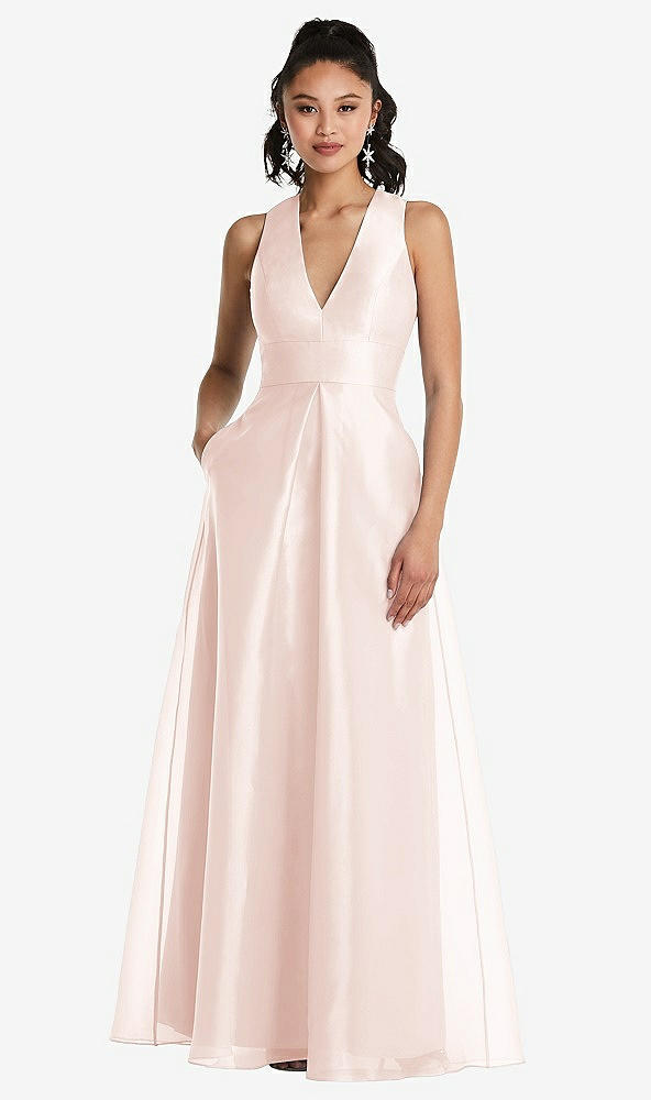 Front View - Blush Plunging Neckline Pleated Skirt Maxi Dress with Pockets