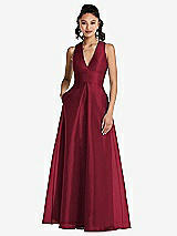 Front View Thumbnail - Burgundy Plunging Neckline Pleated Skirt Maxi Dress with Pockets