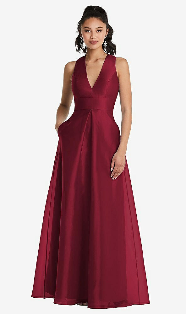 Front View - Burgundy Plunging Neckline Pleated Skirt Maxi Dress with Pockets