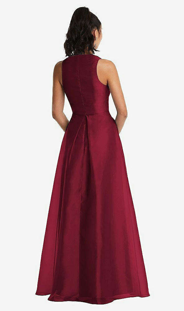 Back View - Burgundy Plunging Neckline Pleated Skirt Maxi Dress with Pockets