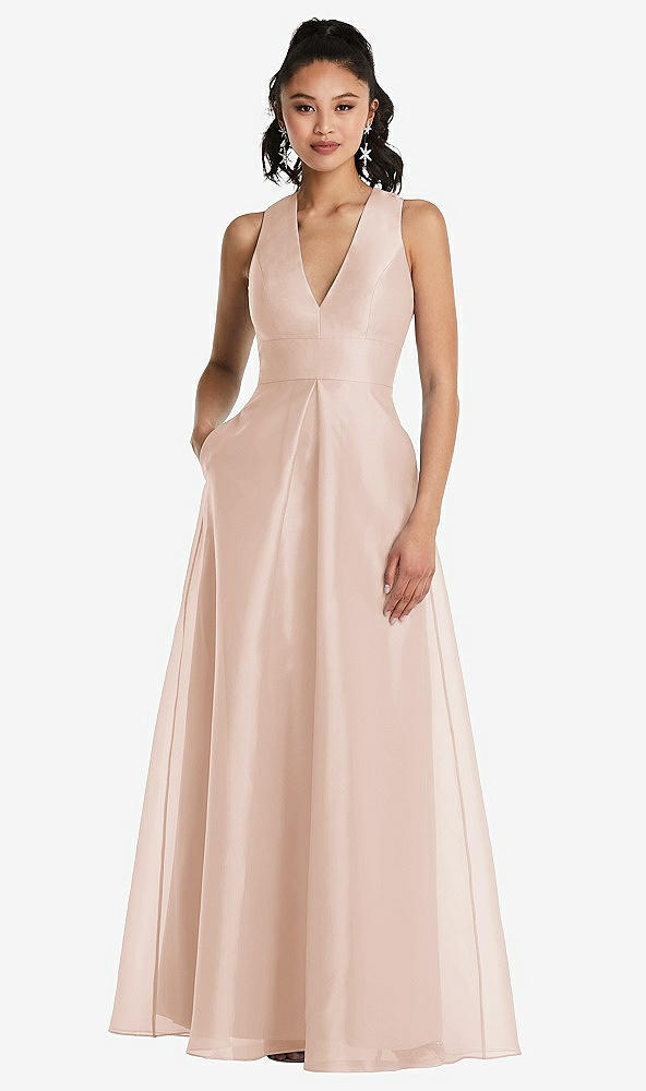 Front View - Cameo Plunging Neckline Pleated Skirt Maxi Dress with Pockets