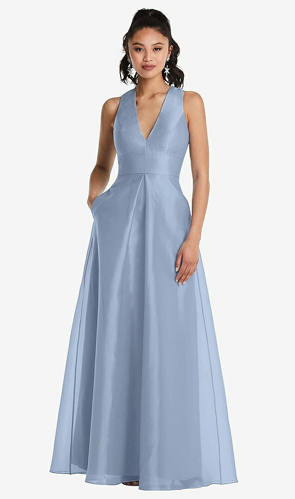 Front View - Cloudy Plunging Neckline Pleated Skirt Maxi Dress with Pockets