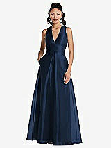 Front View Thumbnail - Midnight Navy Plunging Neckline Pleated Skirt Maxi Dress with Pockets