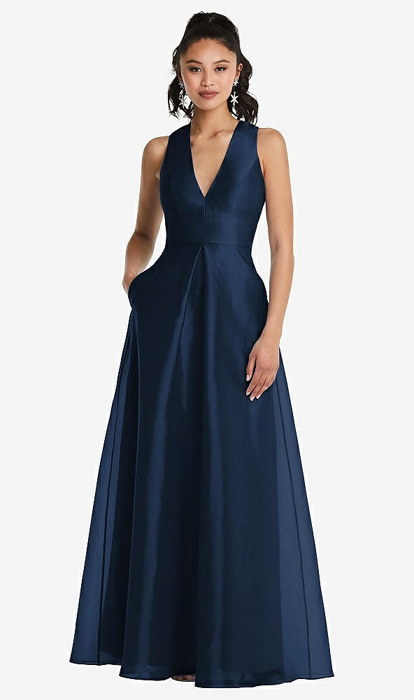 Front View - Midnight Navy Plunging Neckline Pleated Skirt Maxi Dress with Pockets