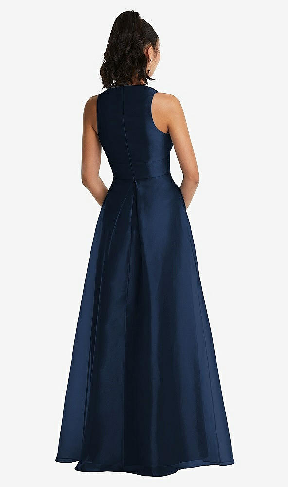 Back View - Midnight Navy Plunging Neckline Pleated Skirt Maxi Dress with Pockets
