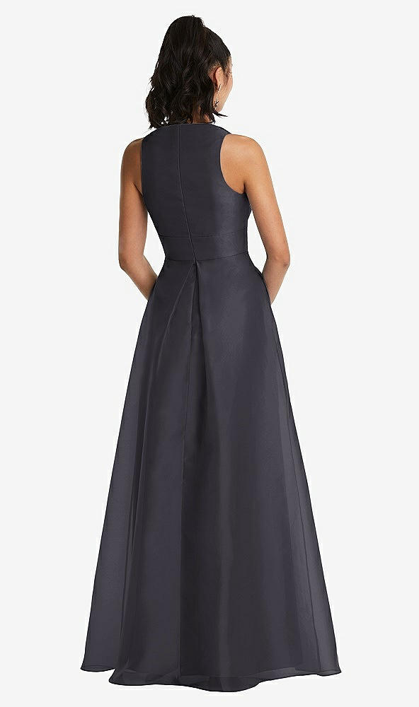 Back View - Onyx Plunging Neckline Pleated Skirt Maxi Dress with Pockets